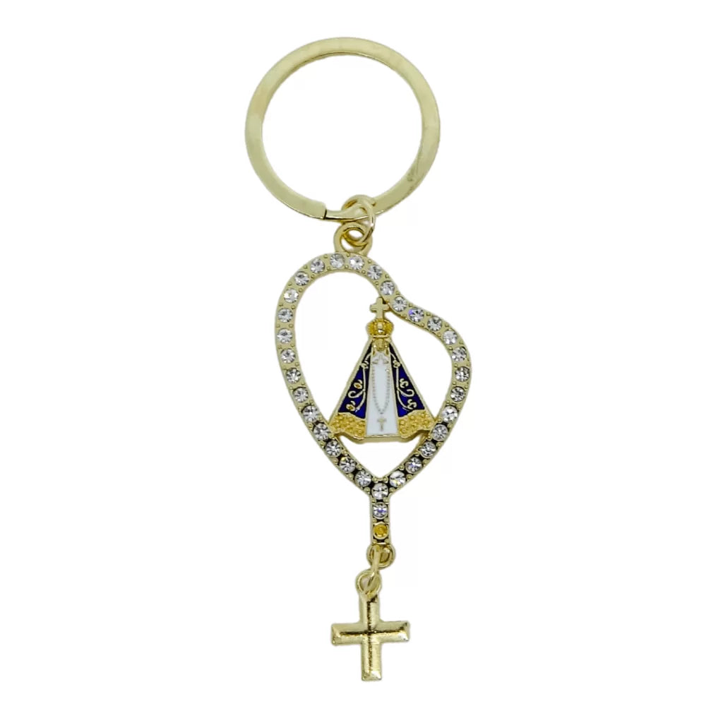 Chaveiro Nossa Senhora Aparecida com Strass, Prata e Dourado – 11652